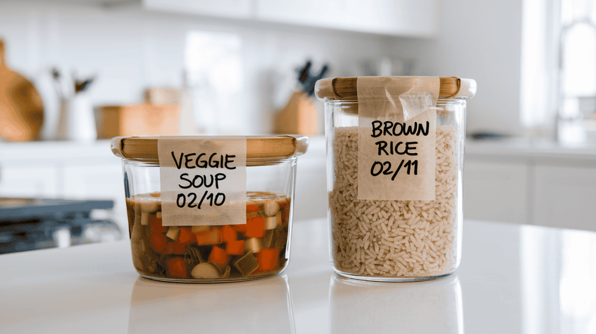 Common prep errors include not properly labeling the meals with names and dates; here are two meal prep containers showing their names and date made