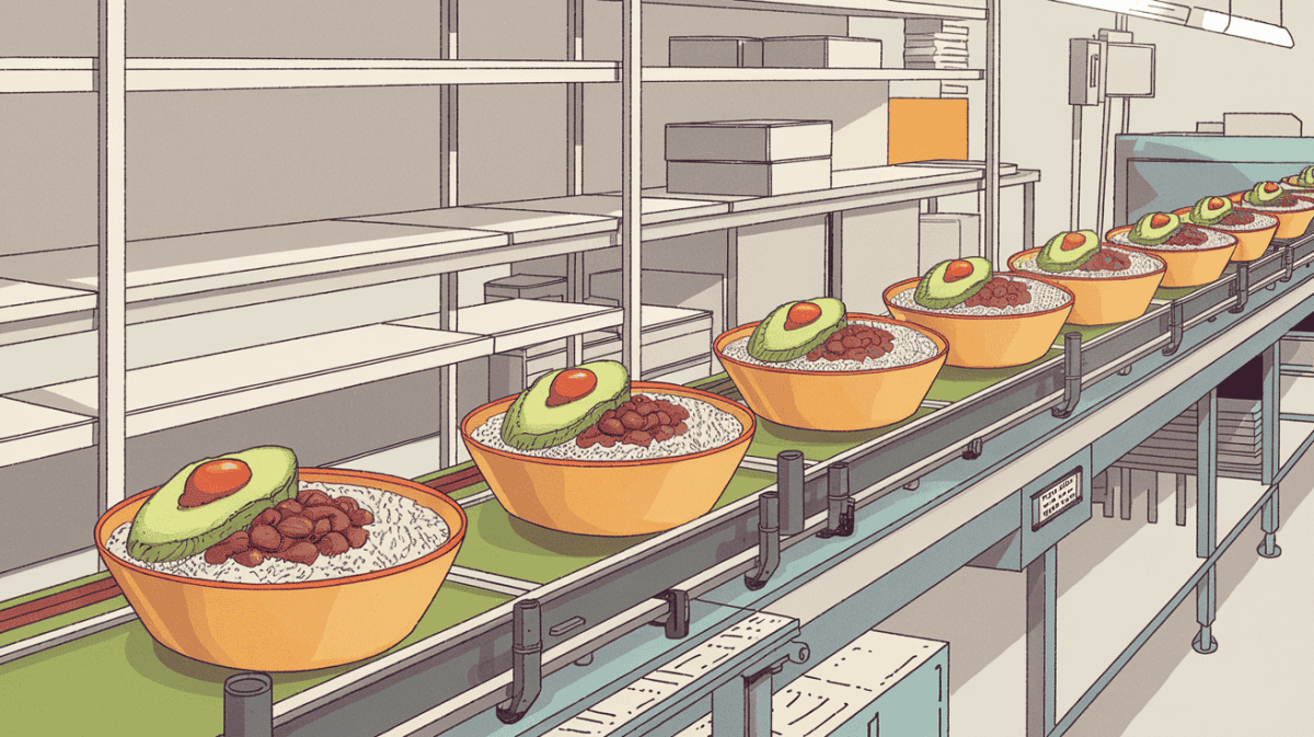 One huge meal prep mistake is to eat the same meal every day.  This illustration shows an assembly line of grain bowls representing the same dish being eaten over and over again