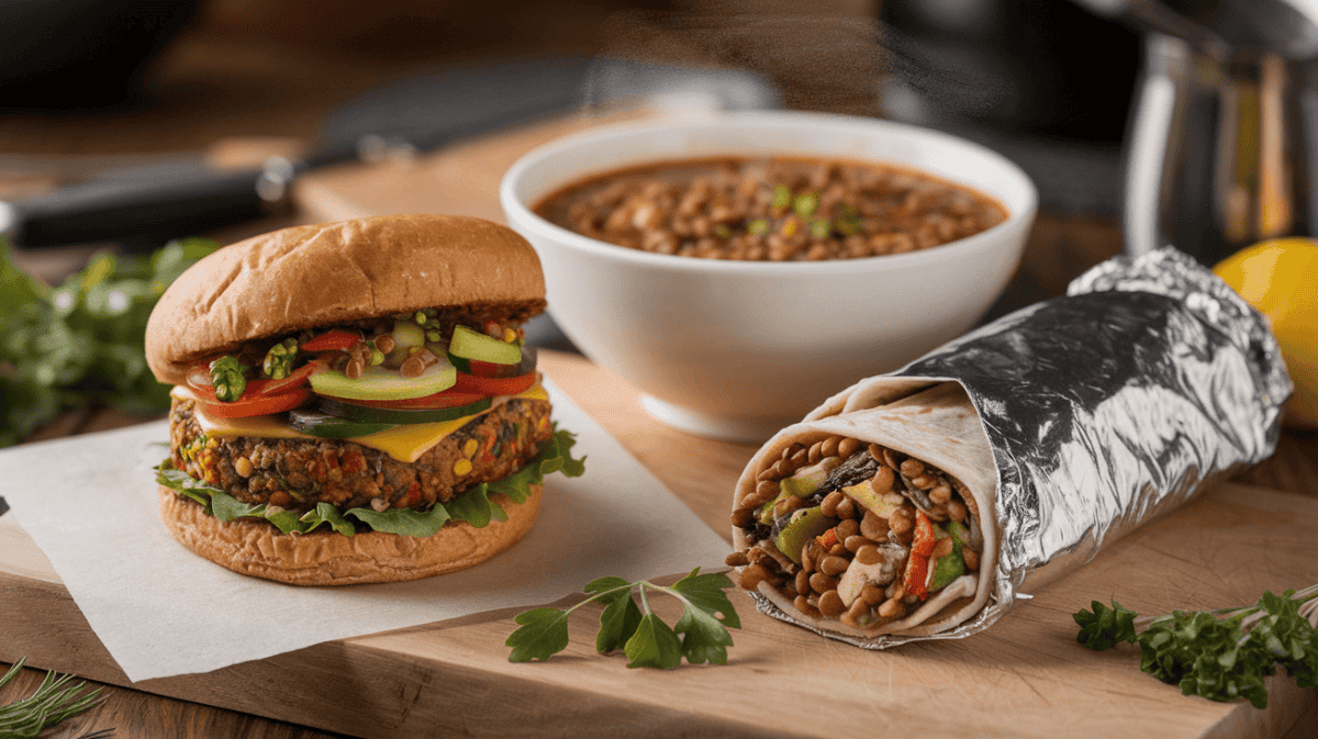 A good meal prep tip is to make what you want to eat. Here is an image of a bean burger, burrito, and bowl of lentil soup.