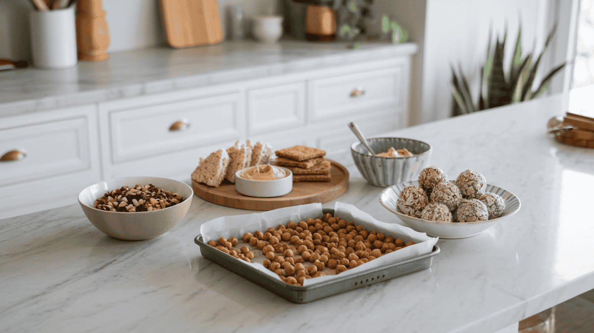 Easy vegan recipes for snacks include roasted chickpeas, trail mix, rice cakes with hummus, and nut butter energy balls