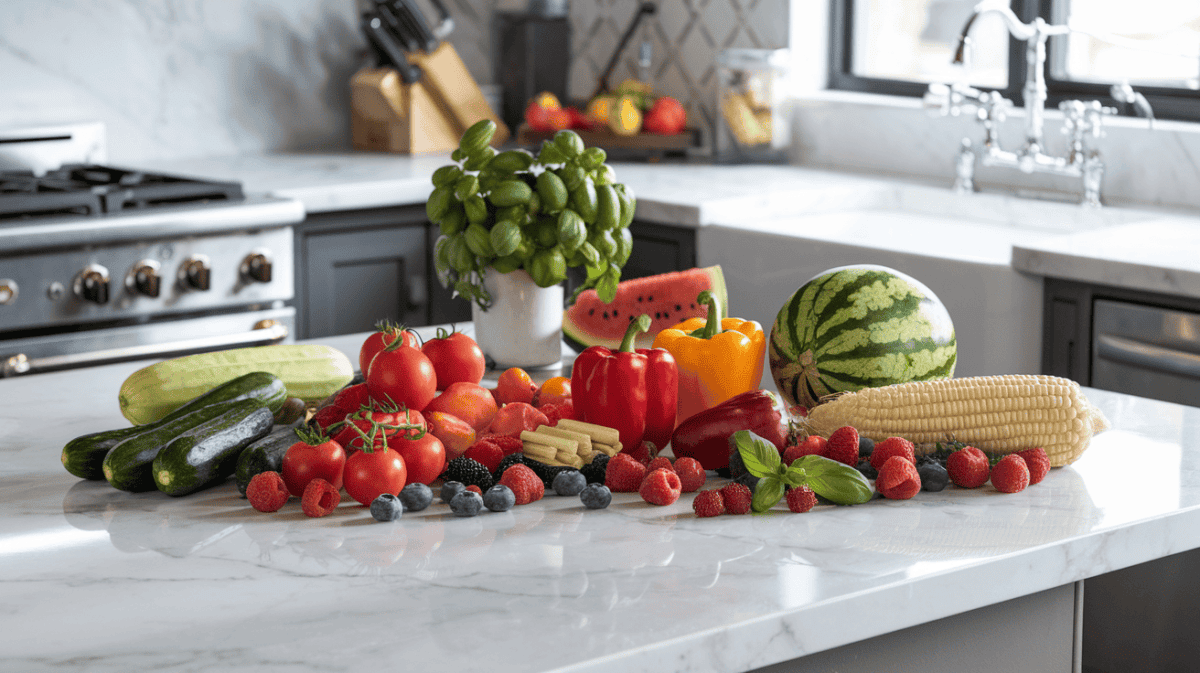 summer meal prep adds a lot of colorful produce to your diet, including cucumbers, tomatoes, zucchini, berries, bell peppers, basil, watermelon, and corn