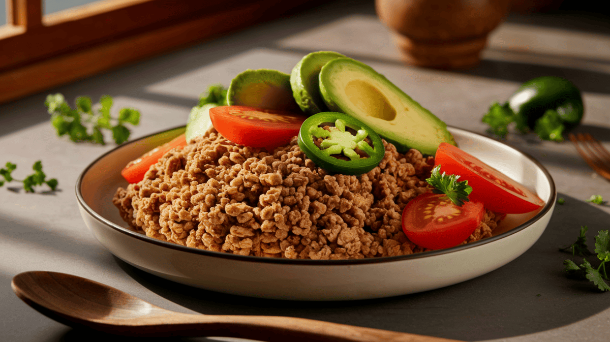 vial wheat gluten cooked and presented on a plate with tomato, jalopeno and avocado